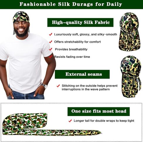 Durag for Men Designer Durag Silky Camouflage Cap Rags Hip Hop Turban Man Doorag Hair Wrap for Sleeping Dorag, 2Pcs in Saudi Arabia