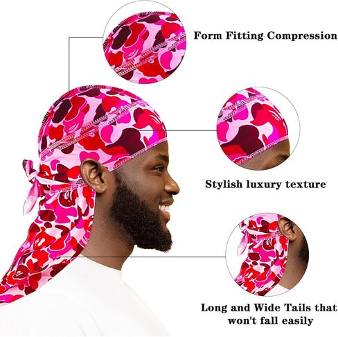 Durag for Men Designer Durag Silky Camouflage Cap Rags Hip Hop Turban Man Doorag Hair Wrap for Sleeping Dorag, 2Pcs in Saudi Arabia