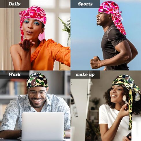 Durag for Men Designer Durag Silky Camouflage Cap Rags Hip Hop Turban Man Doorag Hair Wrap for Sleeping Dorag, 2Pcs in Saudi Arabia