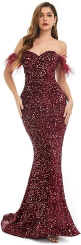 Sequins Velvet Mermaid Prom Dress Off Shoulder Feather Sleeves Sweetheart Neckline Evening Dress in Saudi Arabia