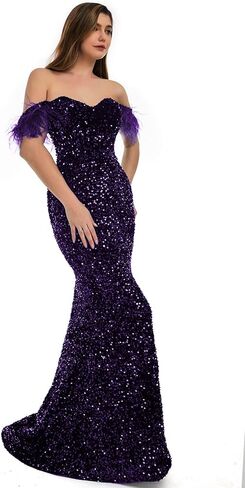 Sequins Velvet Mermaid Prom Dress Off Shoulder Feather Sleeves Sweetheart Neckline Evening Dress in Saudi Arabia
