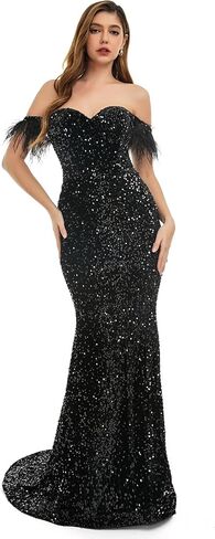 Sequins Velvet Mermaid Prom Dress Off Shoulder Feather Sleeves Sweetheart Neckline Evening Dress in Saudi Arabia