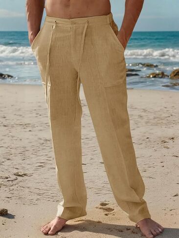 Mens Casual Linen Pants Loose Fit Elastic Drawstring Waist Summer Straight-Legs Yoga Beach Long Pants in Saudi Arabia
