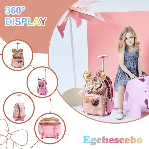 حقيبة ظهر للأطفال من Egchescebo بأذنين كبيرة للفتيات مزينة بالترتر وحقائب سفر بعجلات وحقيبة كتب بعجلات مقاس 17 بوصة مجموعة حقائب ظهر دوارة للأطفال الصغار حقائب مدرسية للشمبانيا الابتدائية in Kuwait