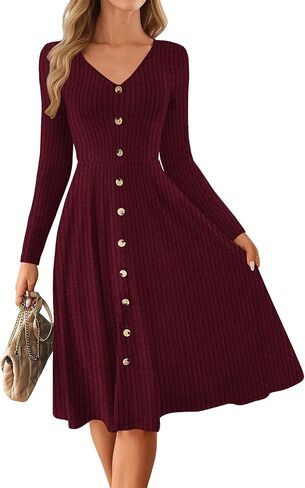 Lazysmile Long Sleeve Fall Winter Dresses for Women V Neck Button Down A Line Swing Casual Knit Sweater Dress in Saudi Arabia