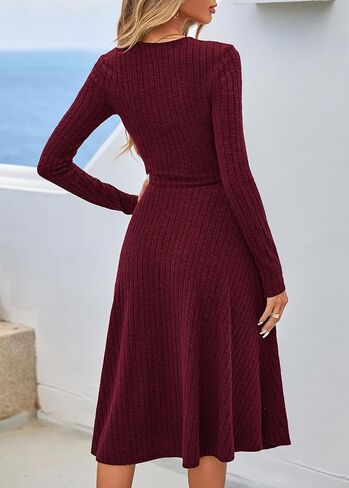 Lazysmile Long Sleeve Fall Winter Dresses for Women V Neck Button Down A Line Swing Casual Knit Sweater Dress in Saudi Arabia