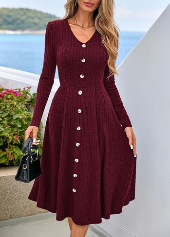 Lazysmile Long Sleeve Fall Winter Dresses for Women V Neck Button Down A Line Swing Casual Knit Sweater Dress in Saudi Arabia