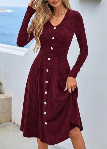 Lazysmile Long Sleeve Fall Winter Dresses for Women V Neck Button Down A Line Swing Casual Knit Sweater Dress in Saudi Arabia