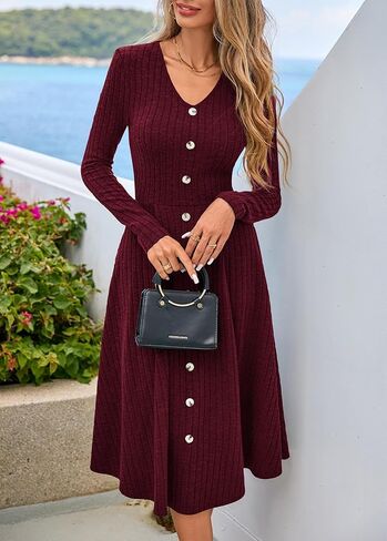 Lazysmile Long Sleeve Fall Winter Dresses for Women V Neck Button Down A Line Swing Casual Knit Sweater Dress in Saudi Arabia