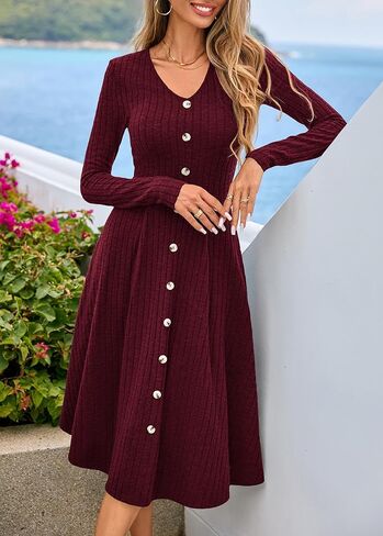 Lazysmile Long Sleeve Fall Winter Dresses for Women V Neck Button Down A Line Swing Casual Knit Sweater Dress in Saudi Arabia