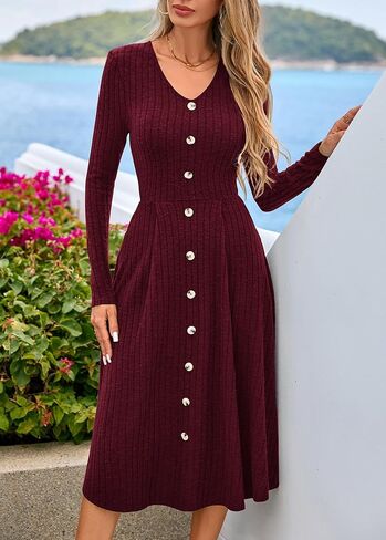 Lazysmile Long Sleeve Fall Winter Dresses for Women V Neck Button Down A Line Swing Casual Knit Sweater Dress in Saudi Arabia