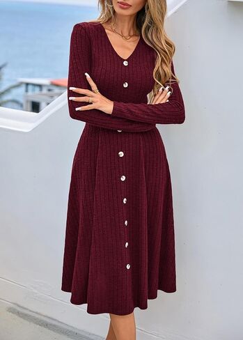 Lazysmile Long Sleeve Fall Winter Dresses for Women V Neck Button Down A Line Swing Casual Knit Sweater Dress in Saudi Arabia