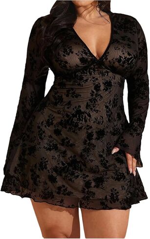 Women's Plus Size Vintage Floral Mesh Mini Dress Ruffle V Neck Bell Long Sleeve Going Out Dresses in Saudi Arabia