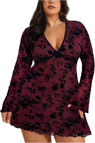 Women's Plus Size Vintage Floral Mesh Mini Dress Ruffle V Neck Bell Long Sleeve Going Out Dresses in Saudi Arabia