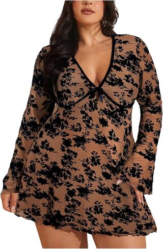 Women's Plus Size Vintage Floral Mesh Mini Dress Ruffle V Neck Bell Long Sleeve Going Out Dresses in Saudi Arabia