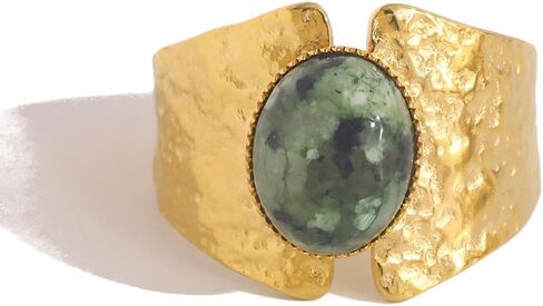 African Turquoise Statement Ring,18K Gold Plated Oval Natural Stone Hammered Texture Wide Band Ring,Cocktail Party Minimalist Ring for Women in Saudi Arabia