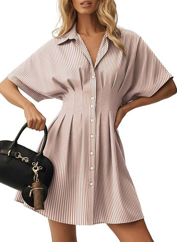 Dokotoo Women's Shirt Dress Casual Button Down Short Sleeve Collared Dresses Summer Shirred High Waist Plaid Gingham Dress in Saudi Arabia