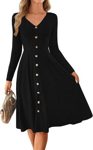 Lazysmile Long Sleeve Fall Winter Dresses for Women V Neck Button Down A Line Swing Casual Knit Sweater Dress in Saudi Arabia