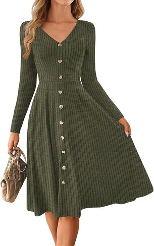 Lazysmile Long Sleeve Fall Winter Dresses for Women V Neck Button Down A Line Swing Casual Knit Sweater Dress in Saudi Arabia