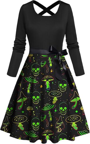 DRESSFO Women’s Long Sleeve A-Line Dress – Printed Bowknot Cross Midi Dress with Celestial, Gothic, or Holiday Patterns in Saudi Arabia