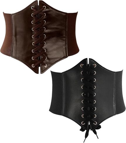 طقم مكون من قطعتين حزام مشد أسود، حزام مشد جلدي، حزام خصر قابل للتعديل، تصميم جلد صناعي، أسود، بني in Kuwait