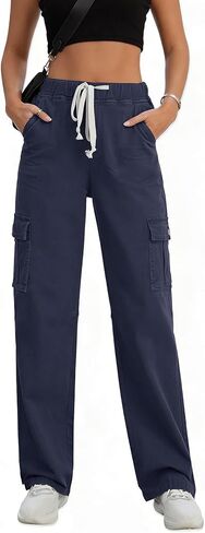 Women Chino Cargo Pants High Waisted Stretchy Fall Pants Women's Drawstring Pull On Trousers in Saudi Arabia