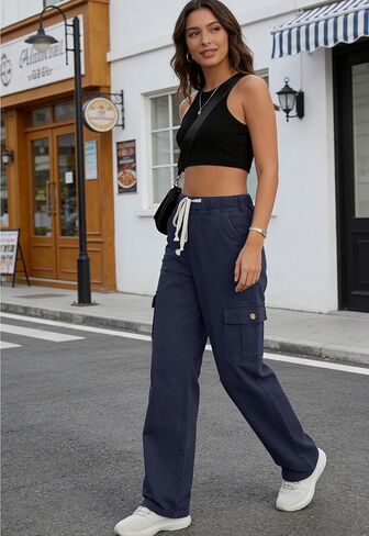Women Chino Cargo Pants High Waisted Stretchy Fall Pants Women's Drawstring Pull On Trousers in Saudi Arabia