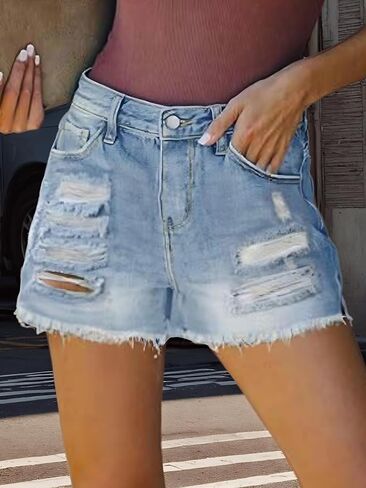 Women's Summer Mid Waist Ripped Elastic Denim Shorts in Saudi Arabia