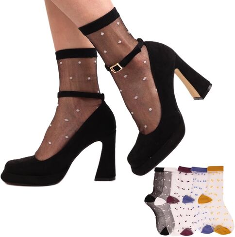 5 أزواج من الجوارب الشفافة للكاحل للنساء، شبكة دانتيل منقطة شفافة من النايلون الشفاف، جوارب صيفية زجاجية رفيعة in Kuwait