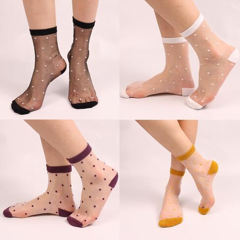 5 أزواج من الجوارب الشفافة للكاحل للنساء، شبكة دانتيل منقطة شفافة من النايلون الشفاف، جوارب صيفية زجاجية رفيعة in Kuwait