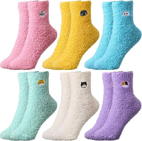 Geyoga 6 Pairs Cat Socks Fuzzy Slipper Socks for Women Plush Soft Valentine Gifts for Teenage Girl Animal Lovers in Saudi Arabia