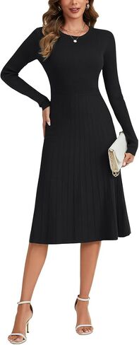 LYANER Women's Pleated Ruffle Ribbed Knit A Line Long Sleeve Elegant Midi Sweater Dress in Saudi Arabia