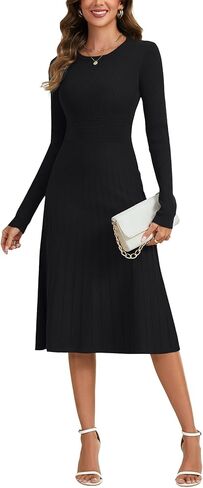 LYANER Women's Pleated Ruffle Ribbed Knit A Line Long Sleeve Elegant Midi Sweater Dress in Saudi Arabia