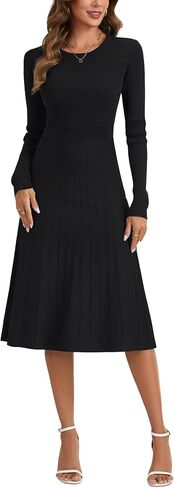 LYANER Women's Pleated Ruffle Ribbed Knit A Line Long Sleeve Elegant Midi Sweater Dress in Saudi Arabia