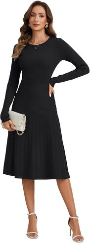 LYANER Women's Pleated Ruffle Ribbed Knit A Line Long Sleeve Elegant Midi Sweater Dress in Saudi Arabia