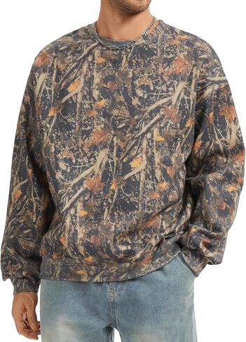 Mens Camo Sweatshirt Crewneck Pullover Fleece Hoodies Casual Oversized Long Sleeve Maple Leaf Graphic Print Tops in Saudi Arabia
