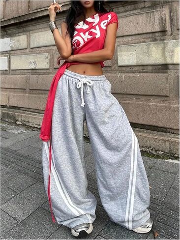 SHENHE Women's Baggy Sweatpants Wide Leg Striped Drawstring Loose Barrel Sweatpants Trousers in Saudi Arabia