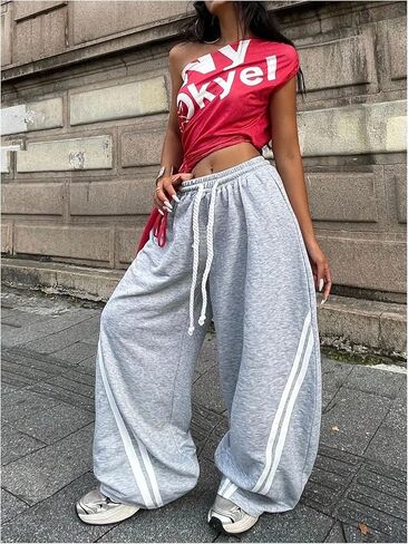 SHENHE Women's Baggy Sweatpants Wide Leg Striped Drawstring Loose Barrel Sweatpants Trousers in Saudi Arabia