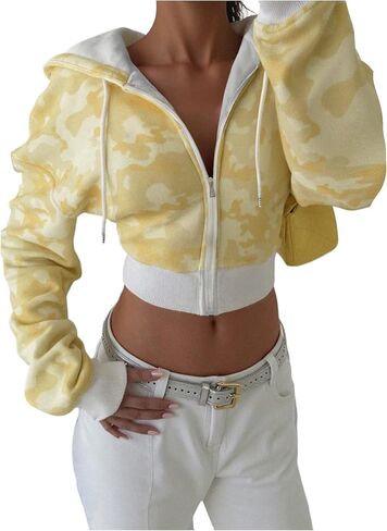 Women's Camo Print Cropped Hoodie Zipper Front Long Sleeve Sweatshirts Streetwear Tops in Saudi Arabia