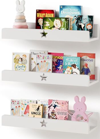 Nursery Book Shelves Set of 3,Blue Wall Floating Shelves for Kids Room,16" Natural Wood Book Shelf,Home Decor Display Ledge,Storage Shelves for Living Room Toddler Baby Room Bedroom 3-Color in Saudi Arabia
