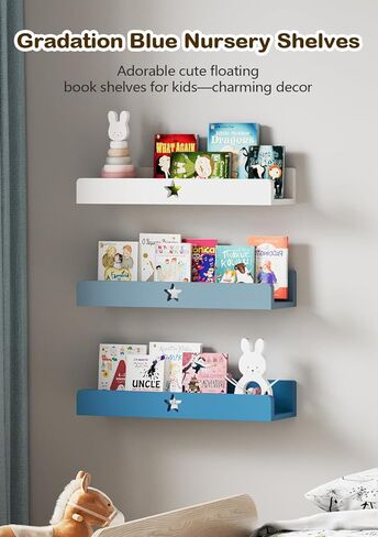 Nursery Book Shelves Set of 3,Blue Wall Floating Shelves for Kids Room,16" Natural Wood Book Shelf,Home Decor Display Ledge,Storage Shelves for Living Room Toddler Baby Room Bedroom 3-Color in Saudi Arabia