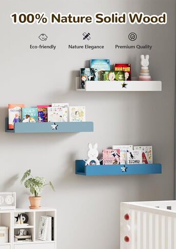 Nursery Book Shelves Set of 3,Blue Wall Floating Shelves for Kids Room,16" Natural Wood Book Shelf,Home Decor Display Ledge,Storage Shelves for Living Room Toddler Baby Room Bedroom 3-Color in Saudi Arabia