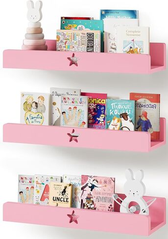 Nursery Book Shelves Set of 3,Blue Wall Floating Shelves for Kids Room,16" Natural Wood Book Shelf,Home Decor Display Ledge,Storage Shelves for Living Room Toddler Baby Room Bedroom 3-Color in Saudi Arabia