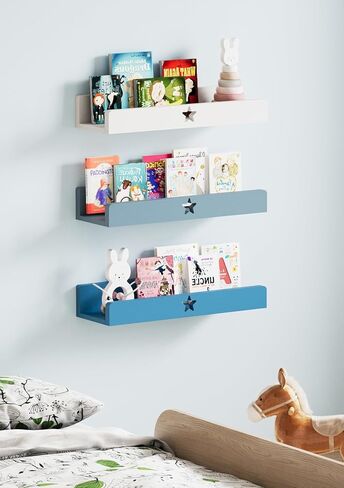 Nursery Book Shelves Set of 3,Blue Wall Floating Shelves for Kids Room,16" Natural Wood Book Shelf,Home Decor Display Ledge,Storage Shelves for Living Room Toddler Baby Room Bedroom 3-Color in Saudi Arabia