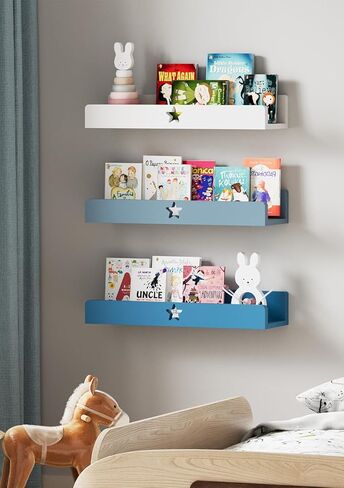 Nursery Book Shelves Set of 3,Blue Wall Floating Shelves for Kids Room,16" Natural Wood Book Shelf,Home Decor Display Ledge,Storage Shelves for Living Room Toddler Baby Room Bedroom 3-Color in Saudi Arabia