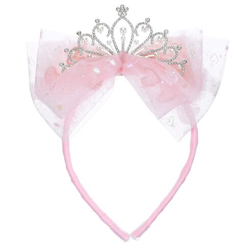 Elegant Tiara Headband with Tulle Bow, Pink Rhinestone Crown for Women, Birthday Celebration, Bridal Shower and Festive Hair Accessory in Saudi Arabia
