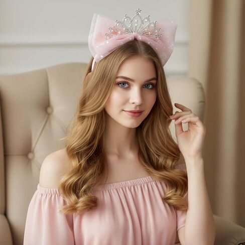 Elegant Tiara Headband with Tulle Bow, Pink Rhinestone Crown for Women, Birthday Celebration, Bridal Shower and Festive Hair Accessory in Saudi Arabia