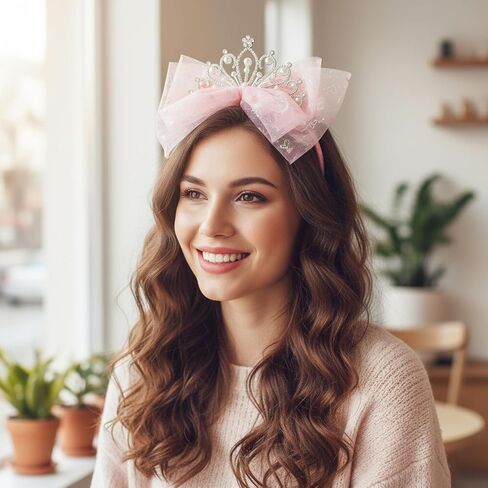 Elegant Tiara Headband with Tulle Bow, Pink Rhinestone Crown for Women, Birthday Celebration, Bridal Shower and Festive Hair Accessory in Saudi Arabia