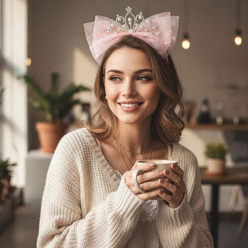 Elegant Tiara Headband with Tulle Bow, Pink Rhinestone Crown for Women, Birthday Celebration, Bridal Shower and Festive Hair Accessory in Saudi Arabia