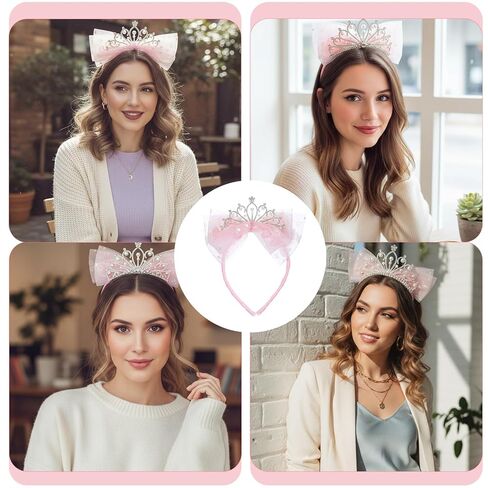 Elegant Tiara Headband with Tulle Bow, Pink Rhinestone Crown for Women, Birthday Celebration, Bridal Shower and Festive Hair Accessory in Saudi Arabia